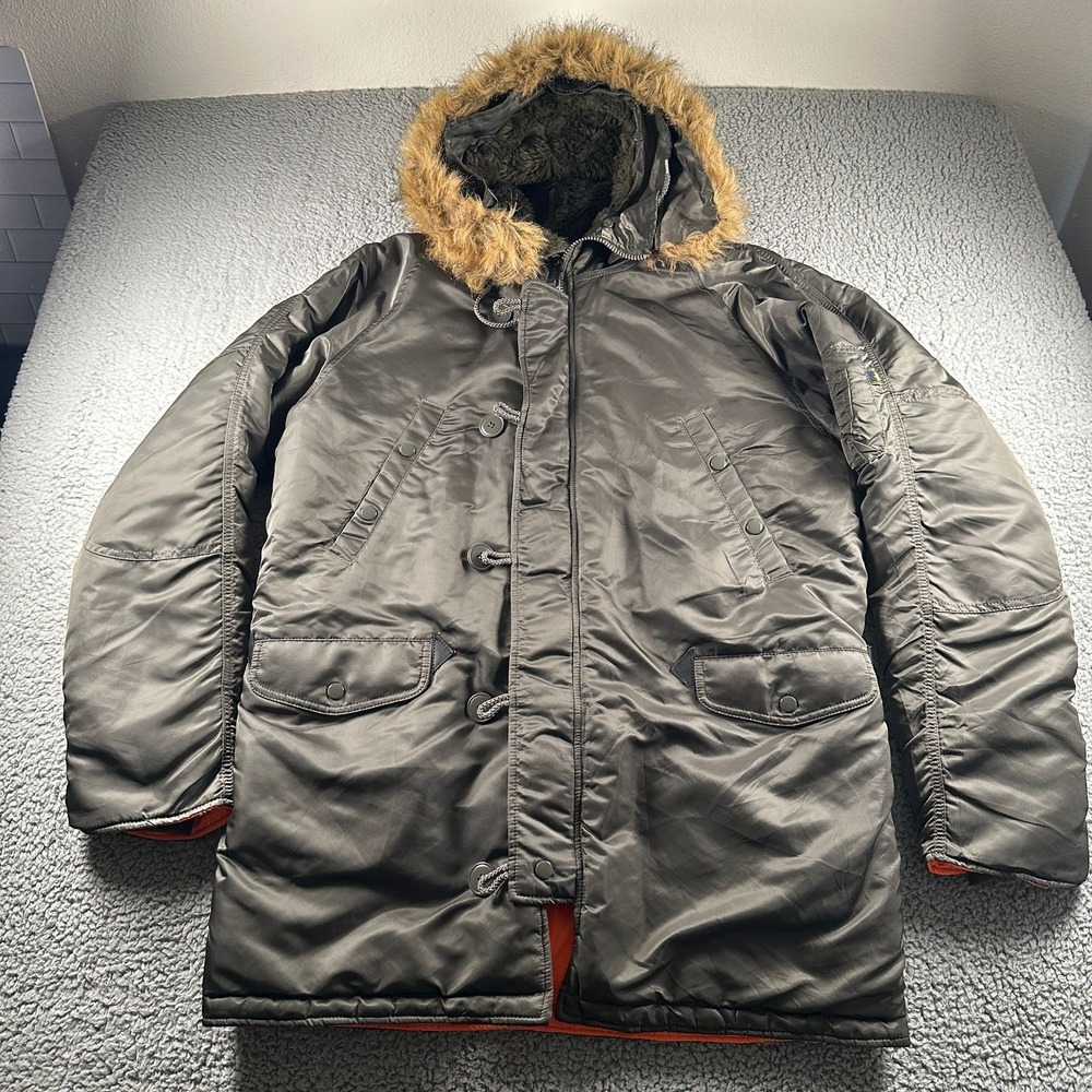 Alpha Industries Parka Mens XL N3B Extreme Cold Weather Olive Hood Fur Trim